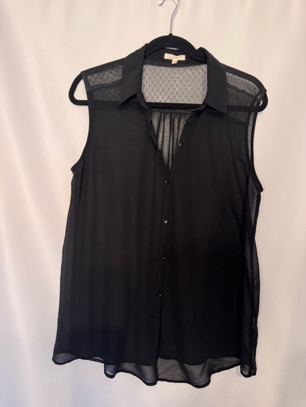 Mystree Sleeveless Sheer Black Button-Up Blouse